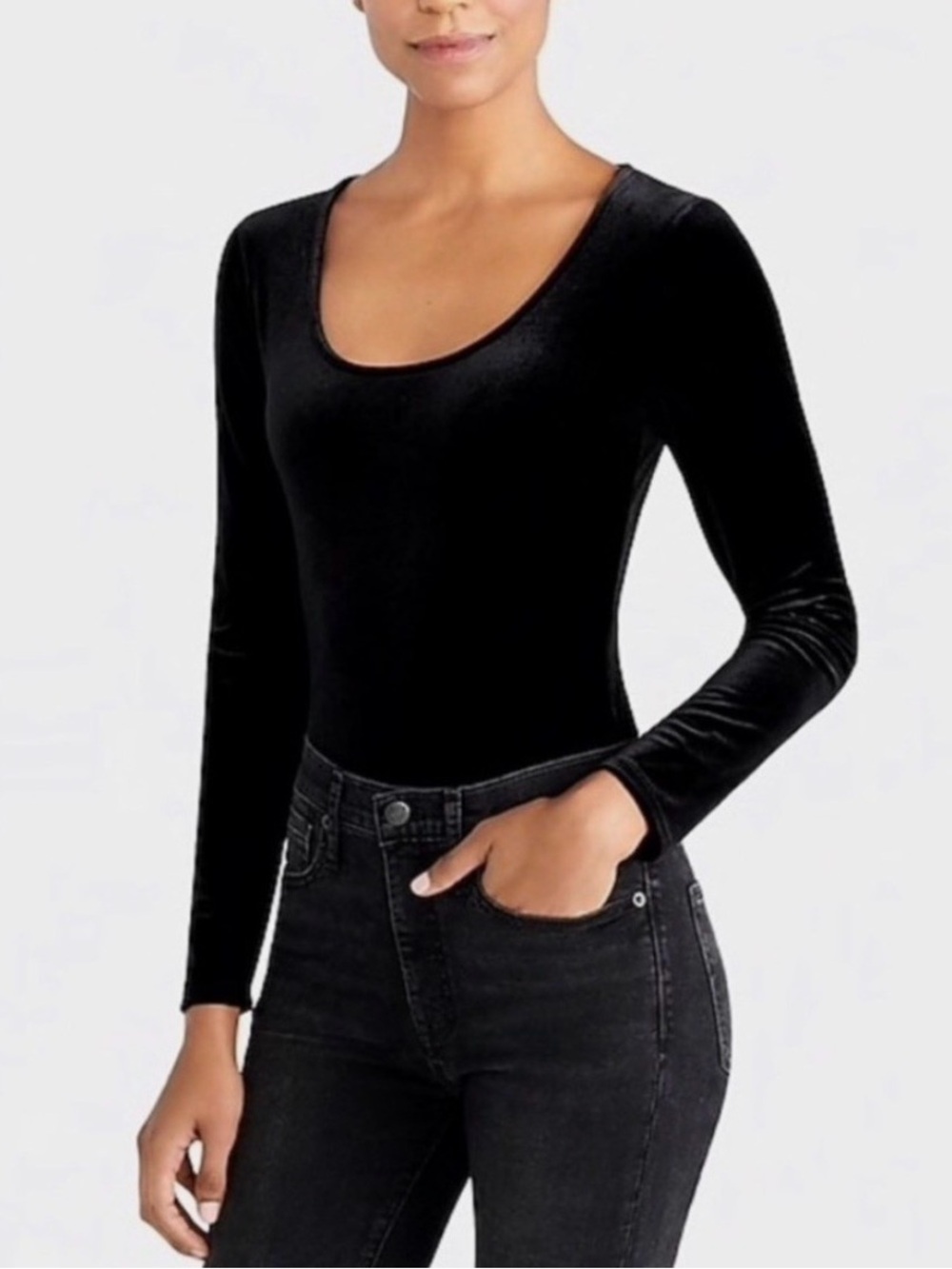J. Crew Black Velvet Long-Sleeve Scoop Neck Bodysuit